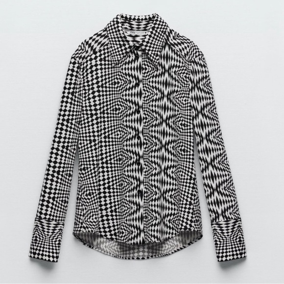 NWT Zara Black & Off-White Whimsical Geometric Y2K Inspired Collared Button-Down - Picture 4 of 15